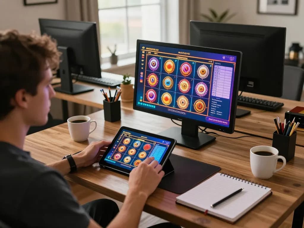 Engaging with situs slot gacor on a tablet amidst a strategically organized gaming setup for responsible gambling