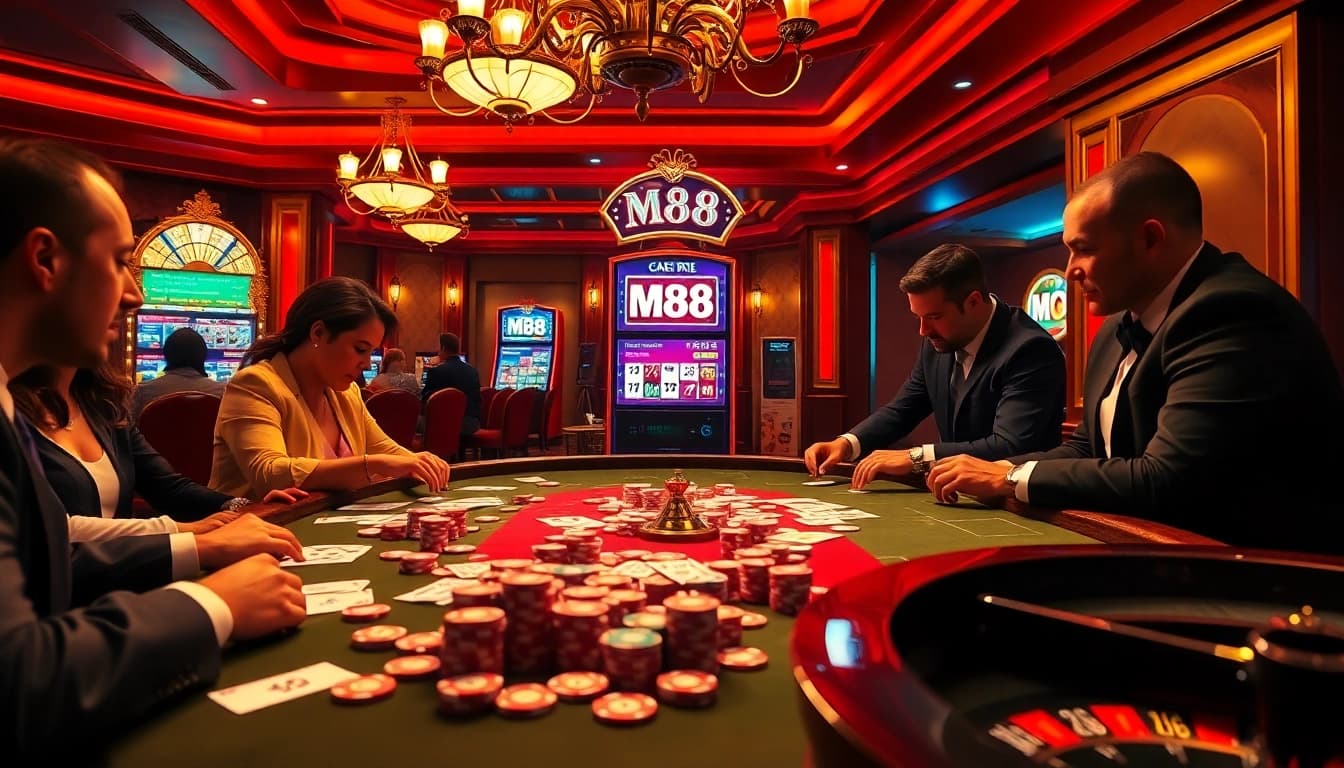 Players engaged at an M88-themed casino table, showcasing high-stakes poker excitement.