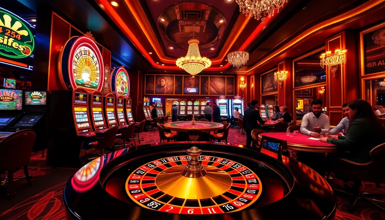 Engage in thrilling gameplay with HZ88 bet at a luxurious casino featuring roulette and slot machines.