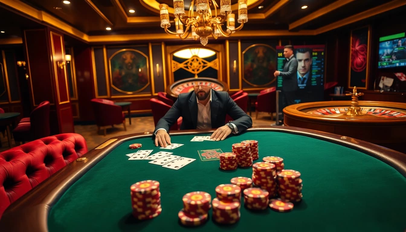 8kbet gaming table with vibrant chips and professional dealers in a luxurious casino setting.