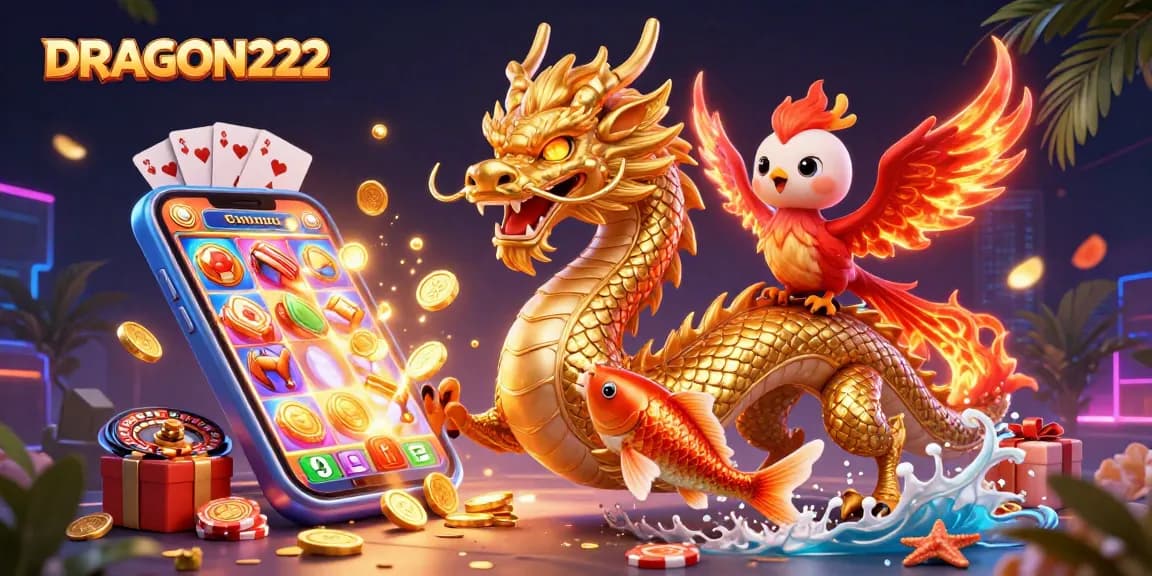 Win big with DRAGON222 in this vibrant casino scene featuring a dragon, phoenix, and koi fish.
