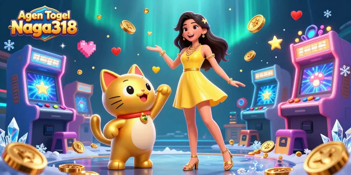 Engage in exciting gameplay with Agen Togel Naga318 as a beautiful Asian woman interacts with a lucky cat amidst vibrant gaming elements.
