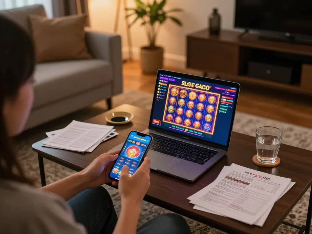 Person playing situs slot gacor on smartphone in a cozy living room setting, highlighting mobile gaming.