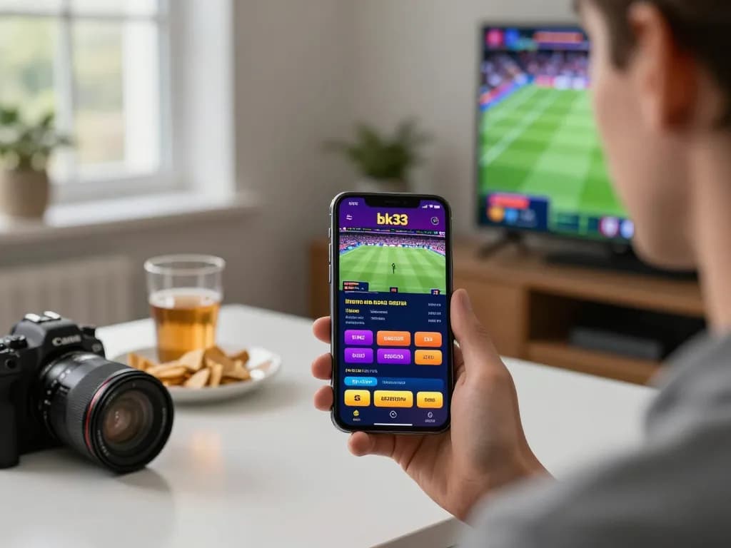 Engaging with the bk33 mobile app for live betting during a sports event in a modern home setting.