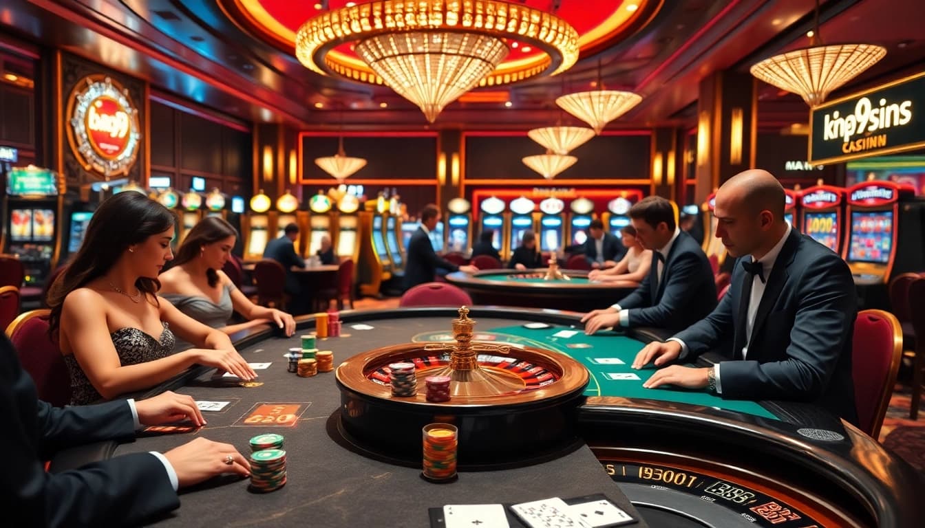 K9K9 casino players engaging in intense blackjack and roulette games amidst a vibrant casino atmosphere.