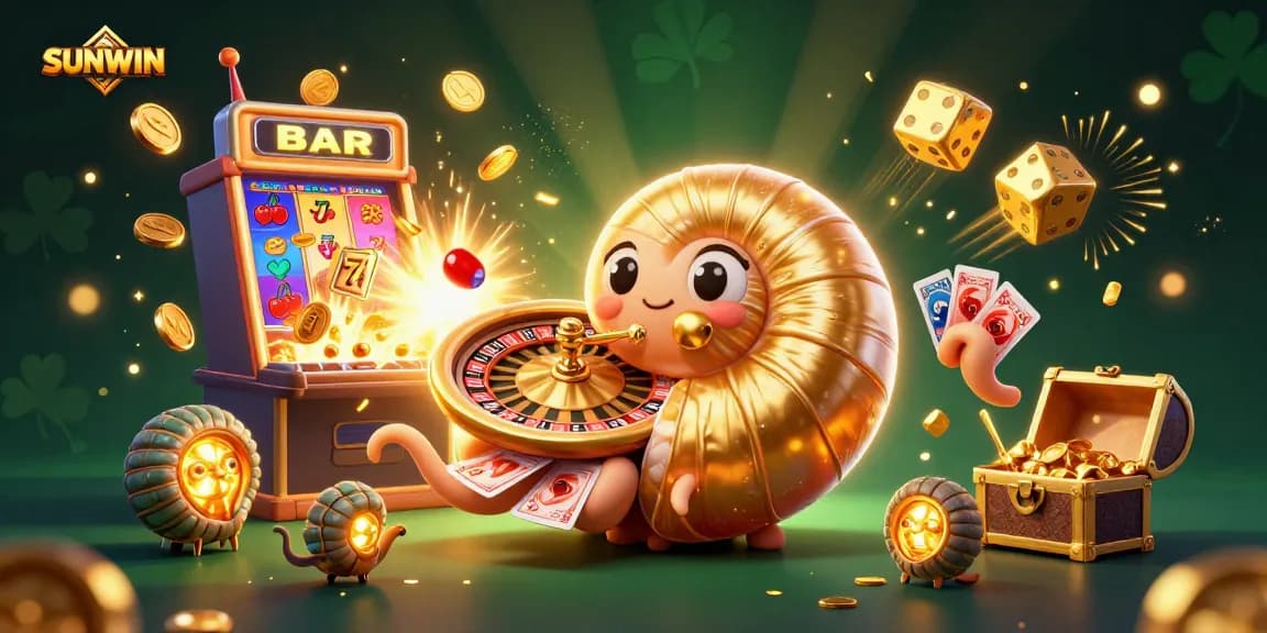 SUNWIN showcases an exciting casino scene with a giant nautilus roulette wheel and dynamic slot visuals.