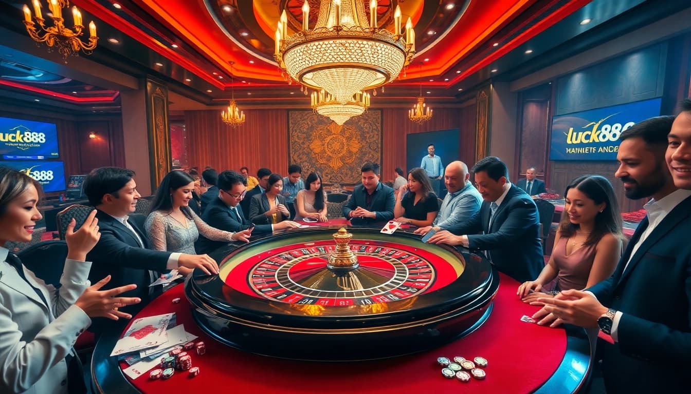 Gamblers excitedly engage at a roulette table, immerse in the luck888 online casino experience.