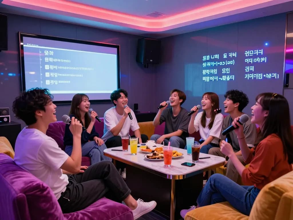 따뜻한 분위기에서 화려한 조명과 스낵을 즐기며 노래방의 밤을 만끽하는 친구들 그룹