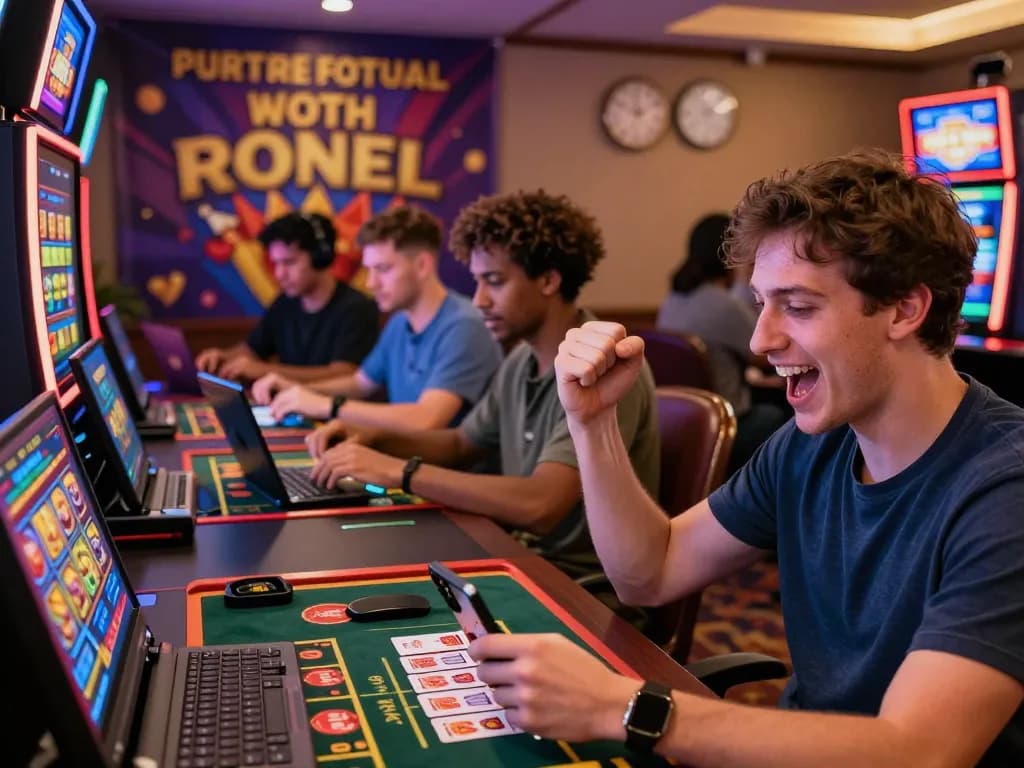 Exciting scene of players celebrating wins at S666 online casino with vibrant graphics and warm lighting.