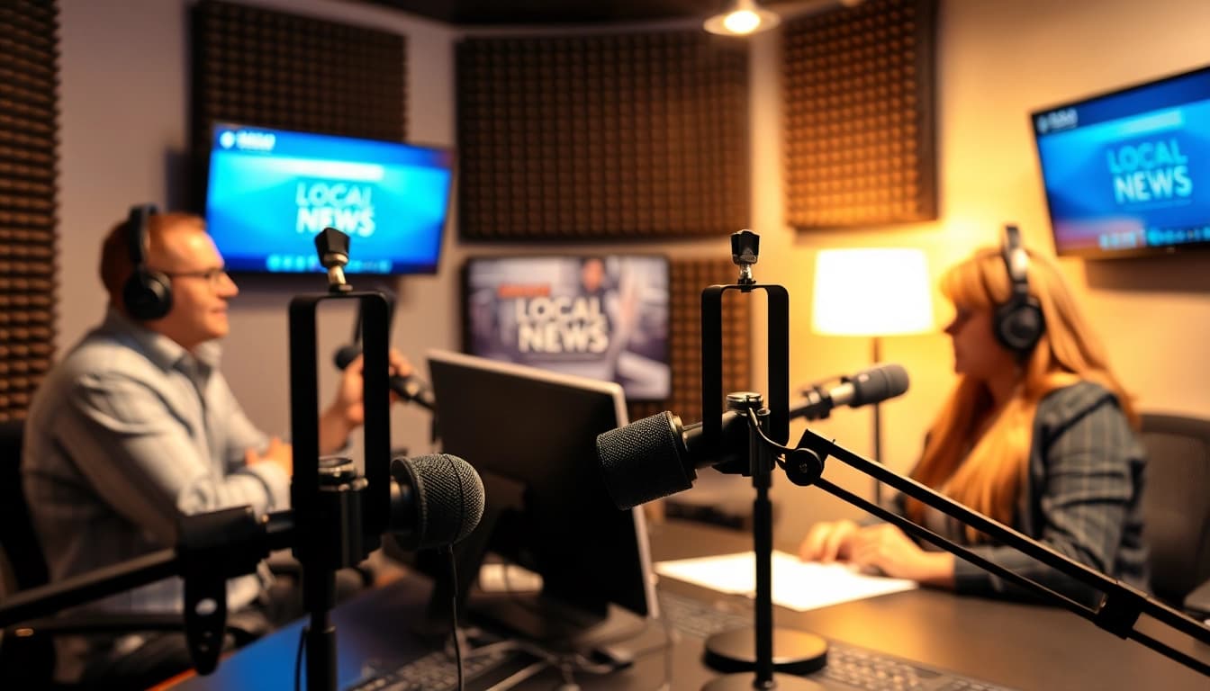 Broadcast team at https://chadronradio.com/ discussing local news in a vibrant studio setting.