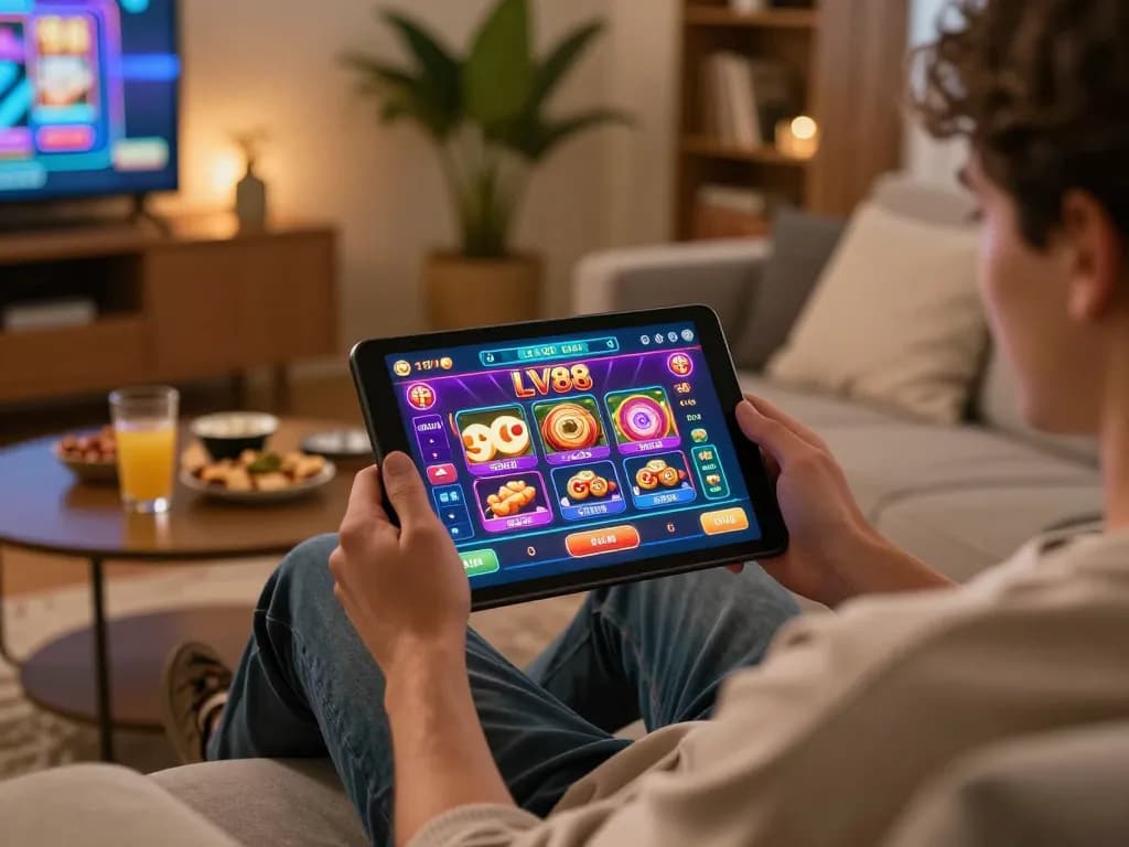 Player enjoying mobile gaming on LV88 app in a cozy living room setting, promoting responsible gambling.