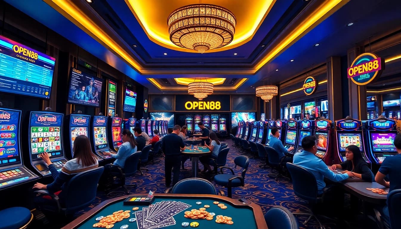 Exciting OPEN88 online casino atmosphere with players engaged in diverse games and vibrant digital interfaces.
