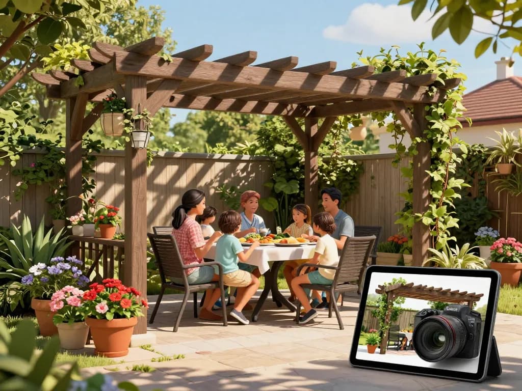 A family enjoying a meal under a pergola while using a pergola 3D planner on a tablet in their garden.