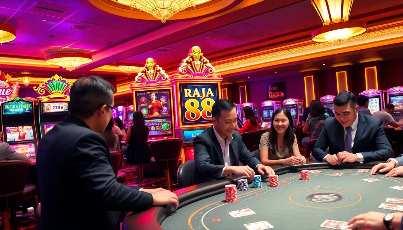 Players enjoying the thrilling raja 88 slot machine experience in a vibrant casino environment.