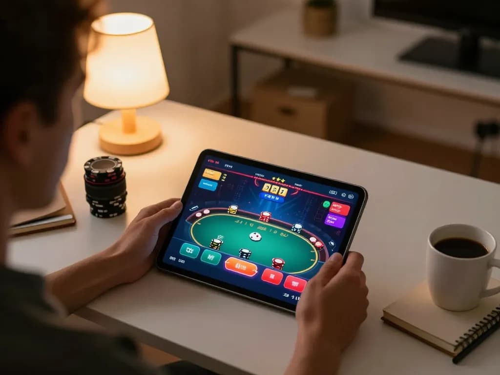 king33 player engaged in an online poker game on tablet in a cozy home setting