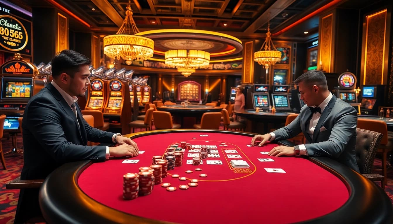 Players enjoying a high-stakes poker game at BL555 casino with vibrant chips and cards.