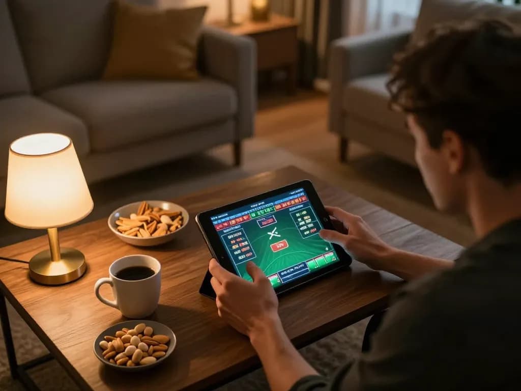 Person engaged in sports betting on tablet while enjoying the comfort of home, focusing on w 88 betting odds.