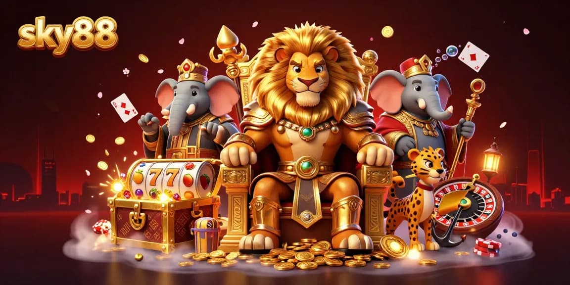 Engage in thrilling gameplay at sky88 with a vibrant 3D illustration of a lion king, elephant advisor, and cheetah messenger.