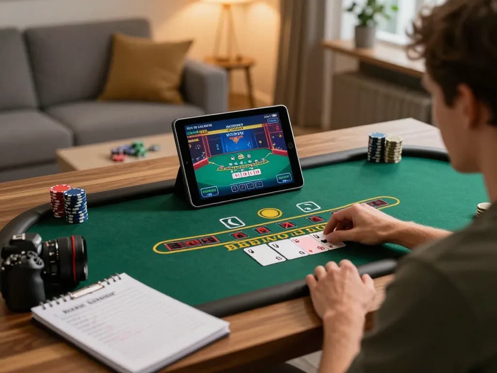 hubet player enjoying a live blackjack game on a tablet in a stylish home office