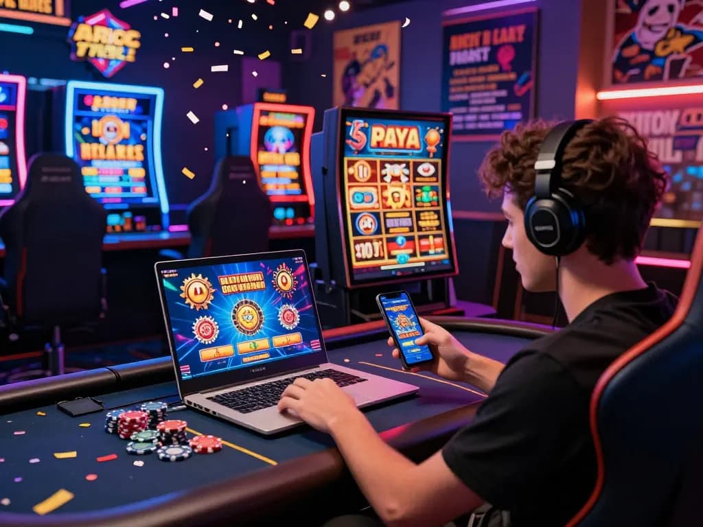 Engaging with SC88 online gaming on laptop and smartphone, vibrant casino atmosphere showcased.