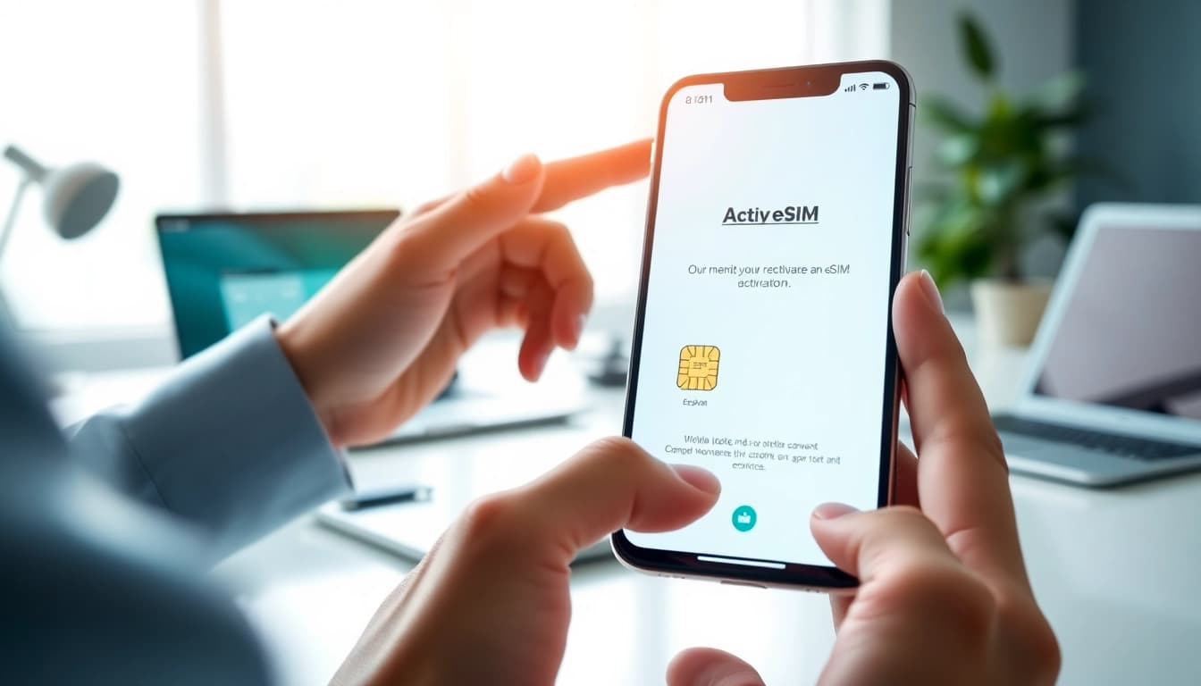Activate an eSIM on a smartphone displaying https://esimfo.com in a bright workspace.