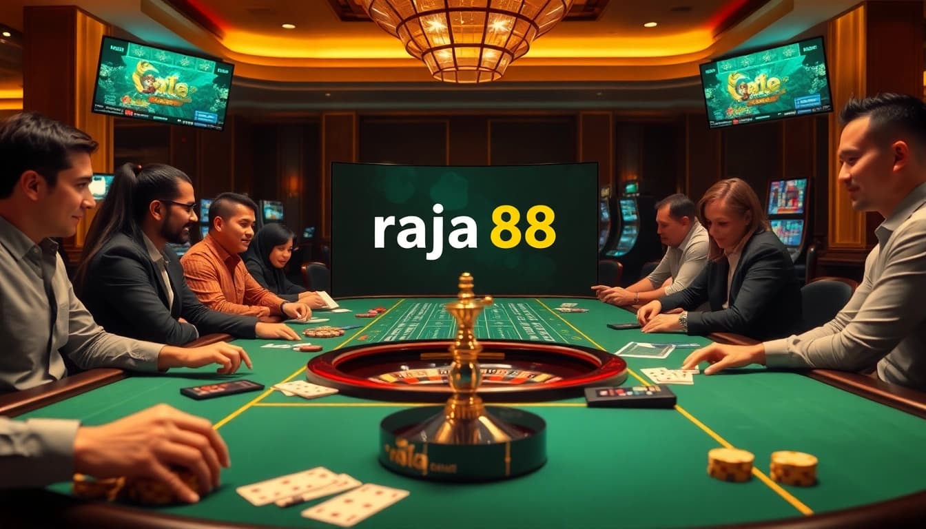 Excited gamblers enjoying the thrill of raja 88 at a luxurious casino table.