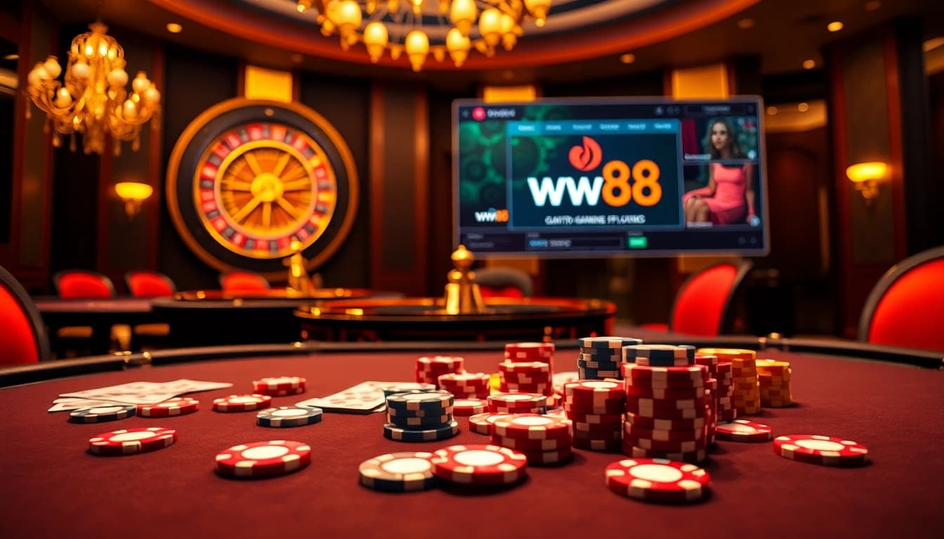 Experience high-stakes gambling at ww88 with vibrant poker chips and a spinning roulette wheel.