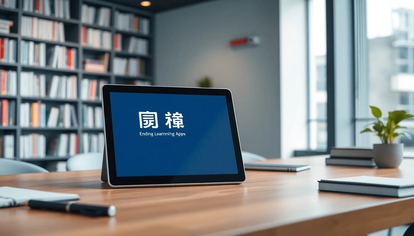 Modern workspace featuring the 有道词典 app on a tablet, symbolizing educational growth and technology.