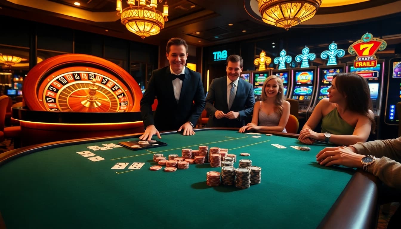 Exciting gaming action at TR88 with players at a vibrant poker table and roulette wheel.