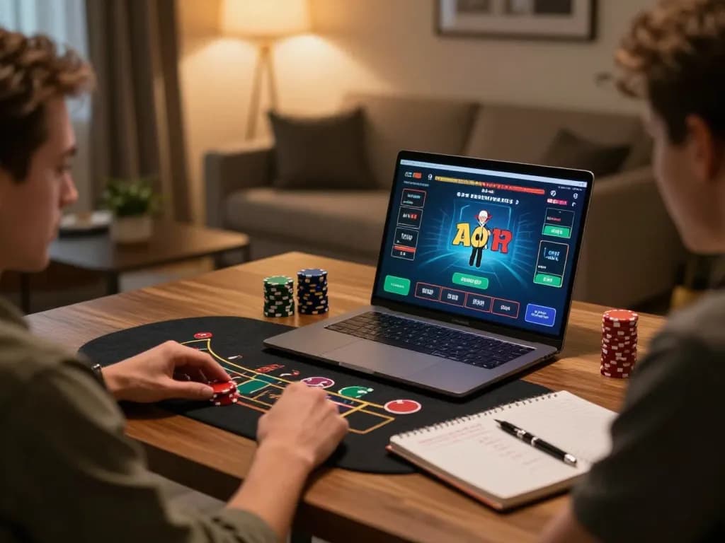 KONG88 player enjoying a live dealer game on a laptop while keeping strategic notes for better betting.