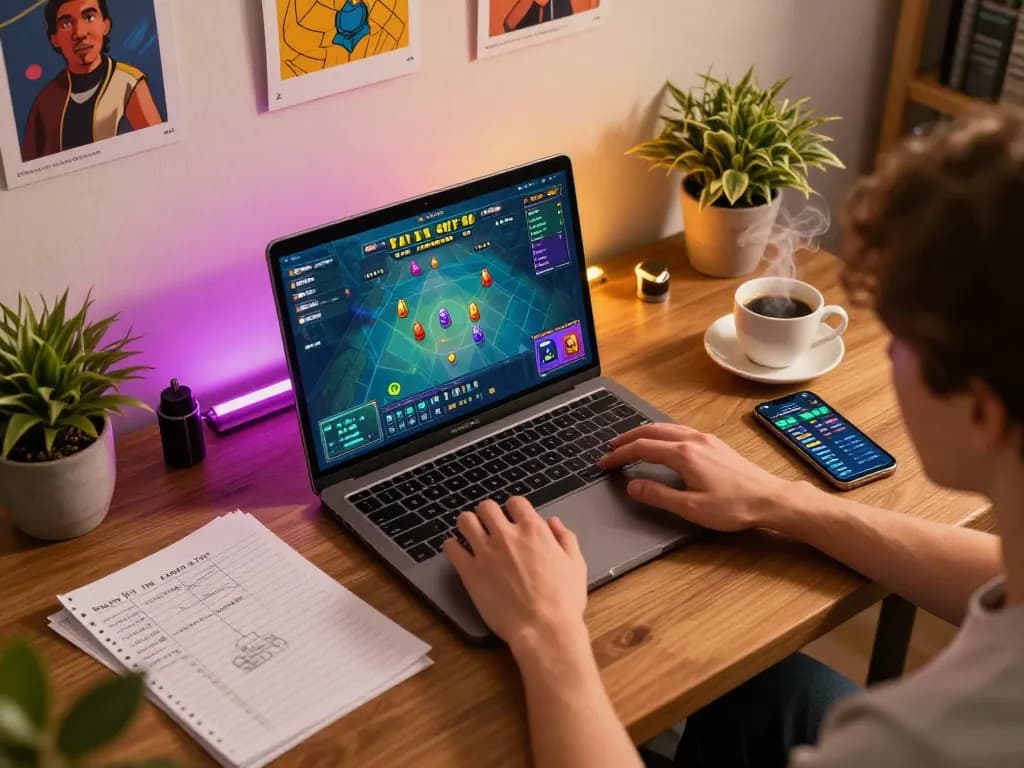 Engaged player enjoying tai xiu online on laptop, strategic notes beside, home gaming setup.