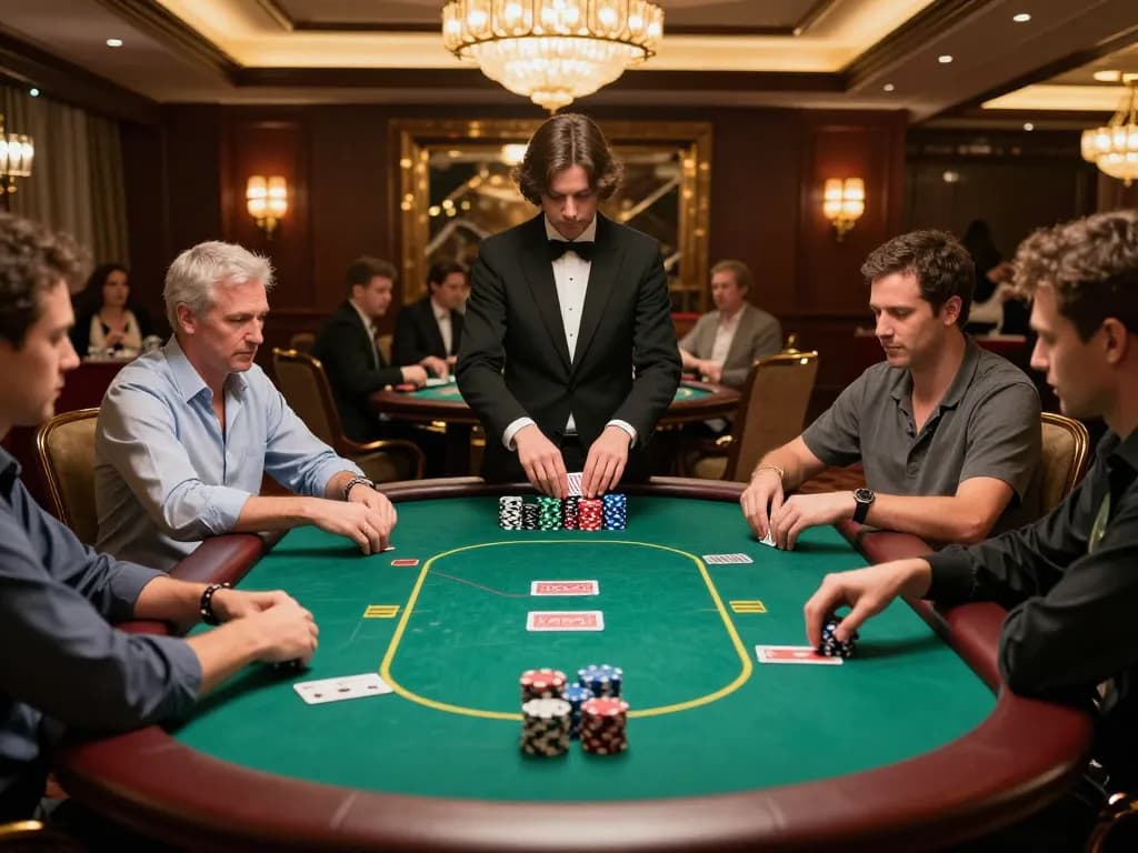 Players enjoying a thrilling poker match at 789win casino, showcasing chips and cards in a vibrant setting