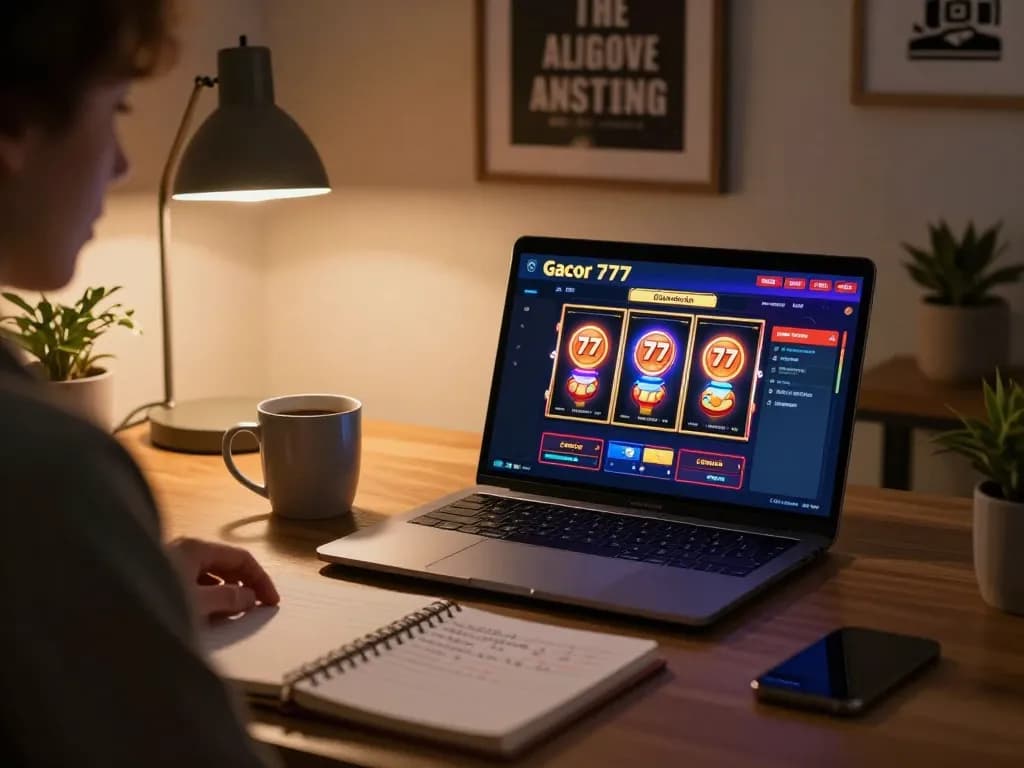 Engaging in a relaxing online gaming session using slot gacor 777 interface on a stylish laptop.
