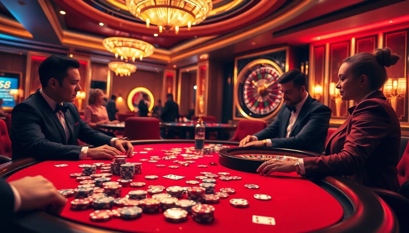 Experience the excitement of s8 nhà cái at a luxury casino poker table with chips and cards.