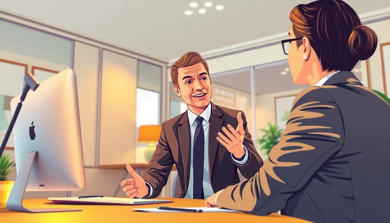 A car accident claim lawyer advising a client in a professional office setting.
