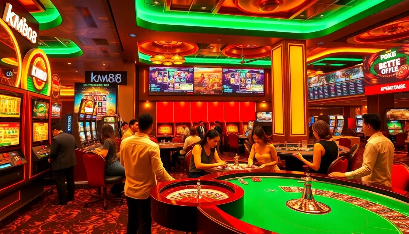 Exciting km88 online casino scene with dynamic table games and vibrant slot machines.