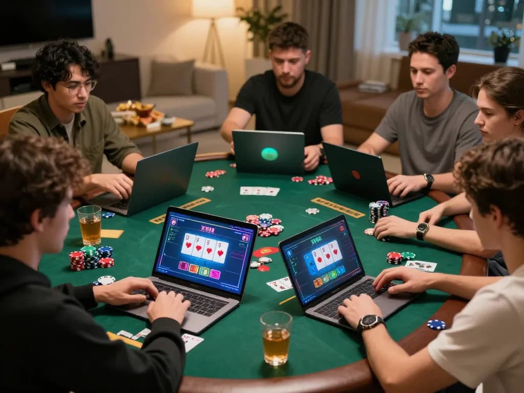 Players enjoying live poker games on their laptops at home, showcasing rik88. com gaming experience