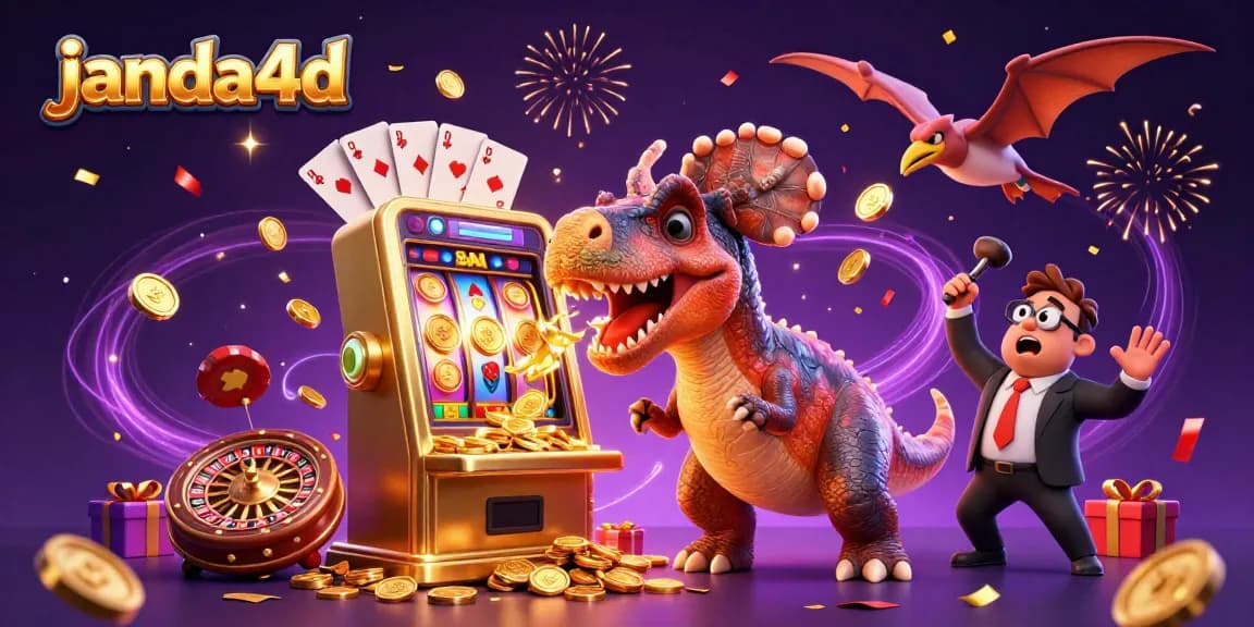 Janda4D menampilkan dinosaurus yang memukul mesin slot emas, menghasilkan koin jackpot yang melayang di kasino digital.