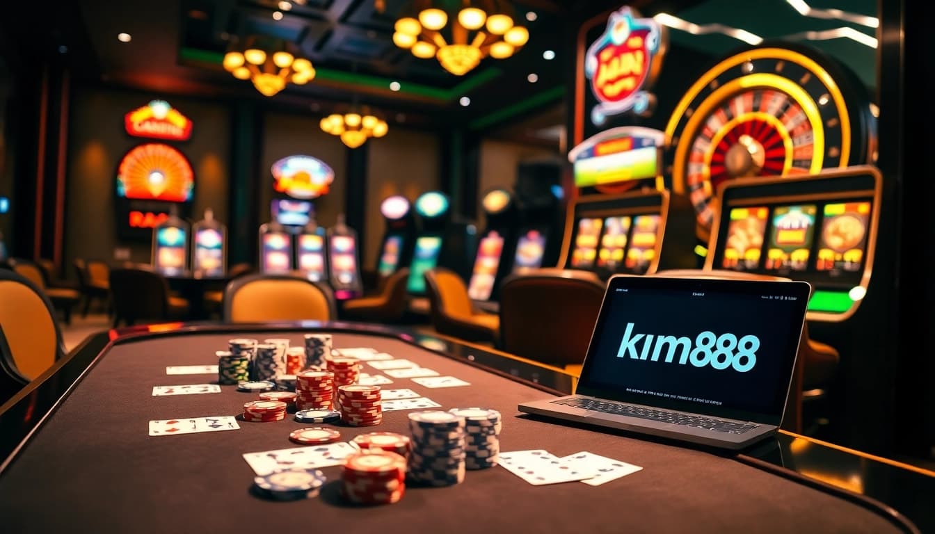 Experience thrilling gameplay at km88 with a vibrant casino scene showcasing poker, slots, and roulette.