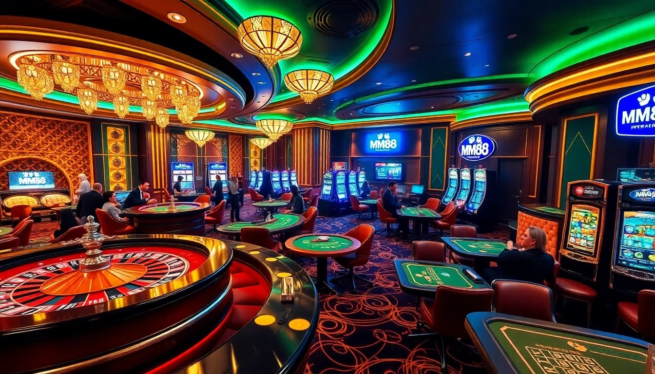 Engaged players at MM88's casino tables experiencing vibrant gaming excitement.