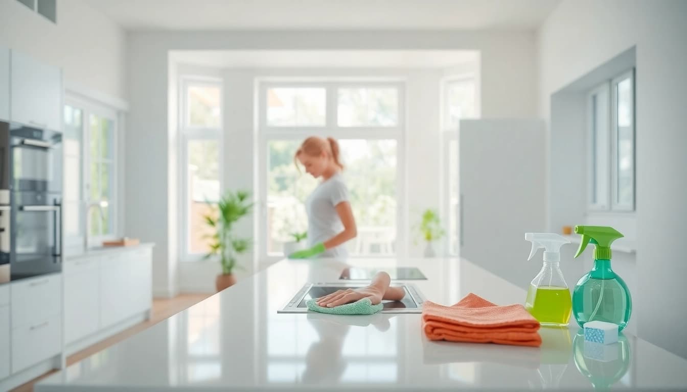 Cleaning Service team member diligently cleaning in a bright residential kitchen