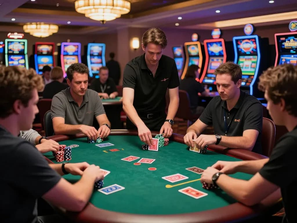 OKFUN players strategizing at a vibrant poker table in an exciting casino atmosphere