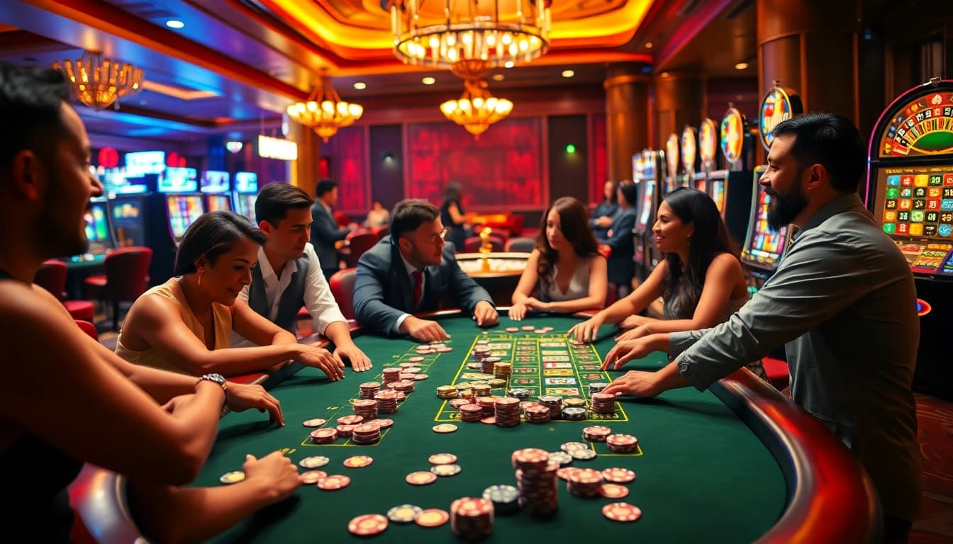 Hi88 poker table scene with vibrant chips and cards, illustrating the thrill of casino gambling.