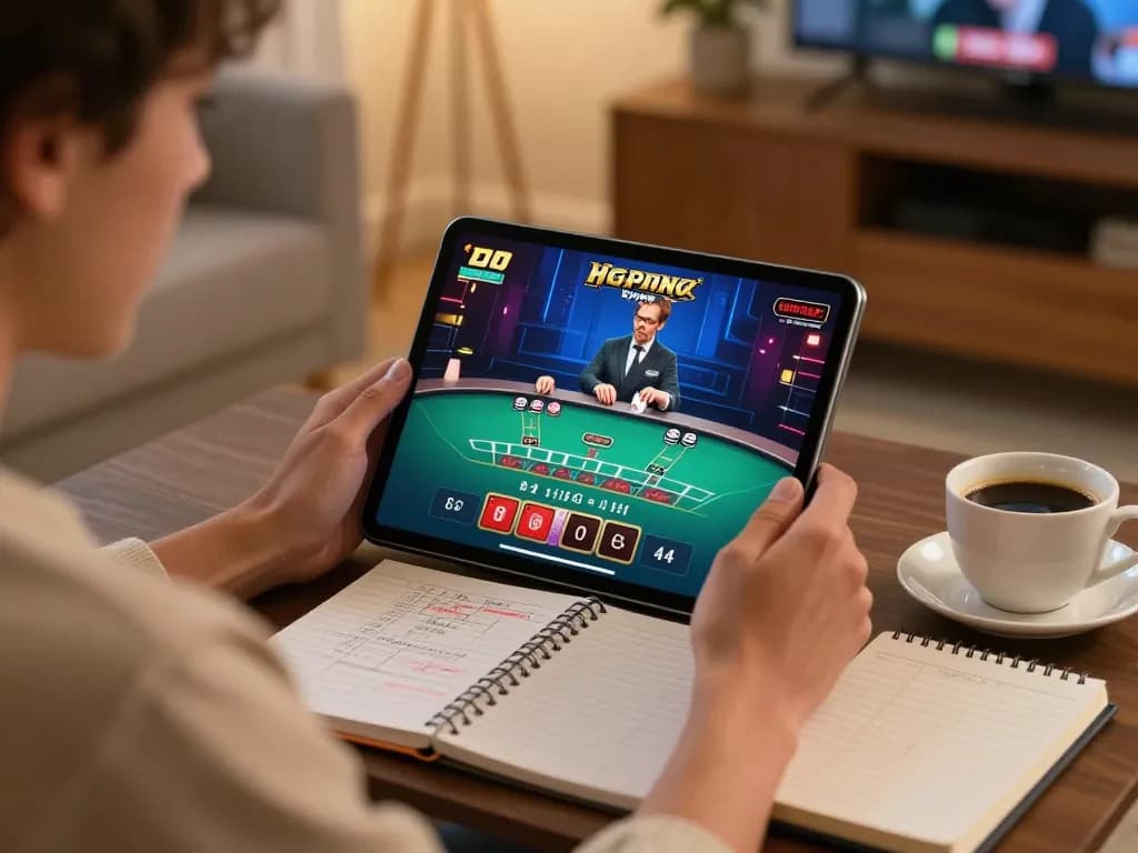 Engaging in online blackjack on 388bet with strategy notes and coffee nearby