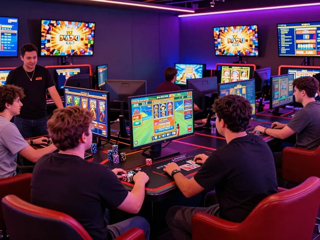 Excited players at the vibrant IWIN Club gaming environment, showcasing thrilling online gambling at https://iwinclub.games/ with bright screens and lively interactions.