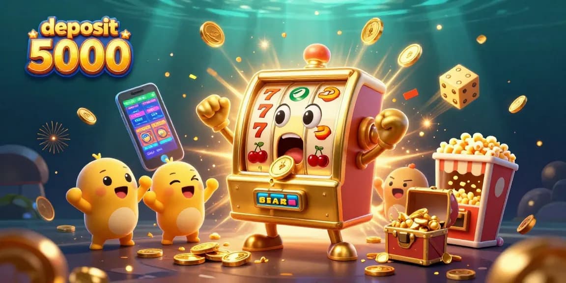 Experience winning action with deposit 5000 in a rich 3D slot machine scene.