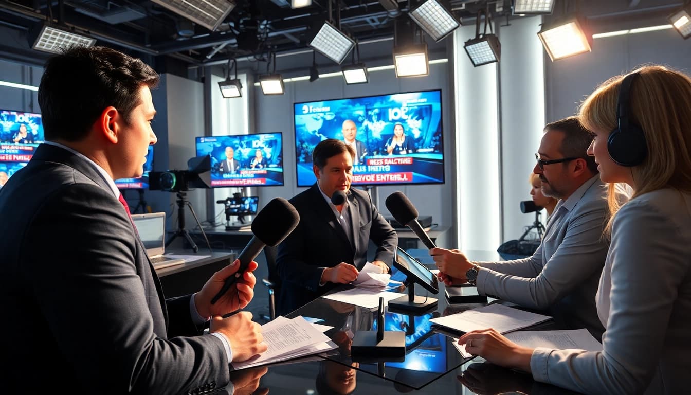 News journalist interviewing in a bustling newsroom with dynamic displays.