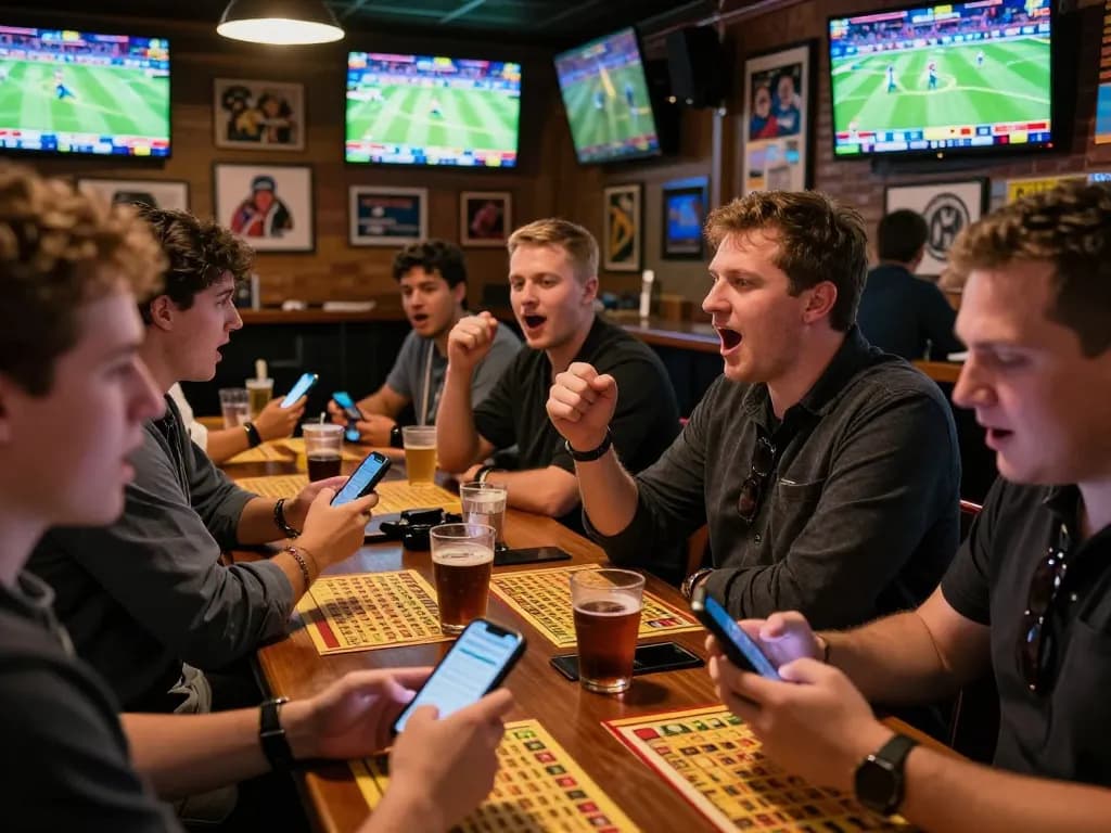 Excited bettors placing stakes on lu88. com while watching live sports in a lively bar atmosphere.