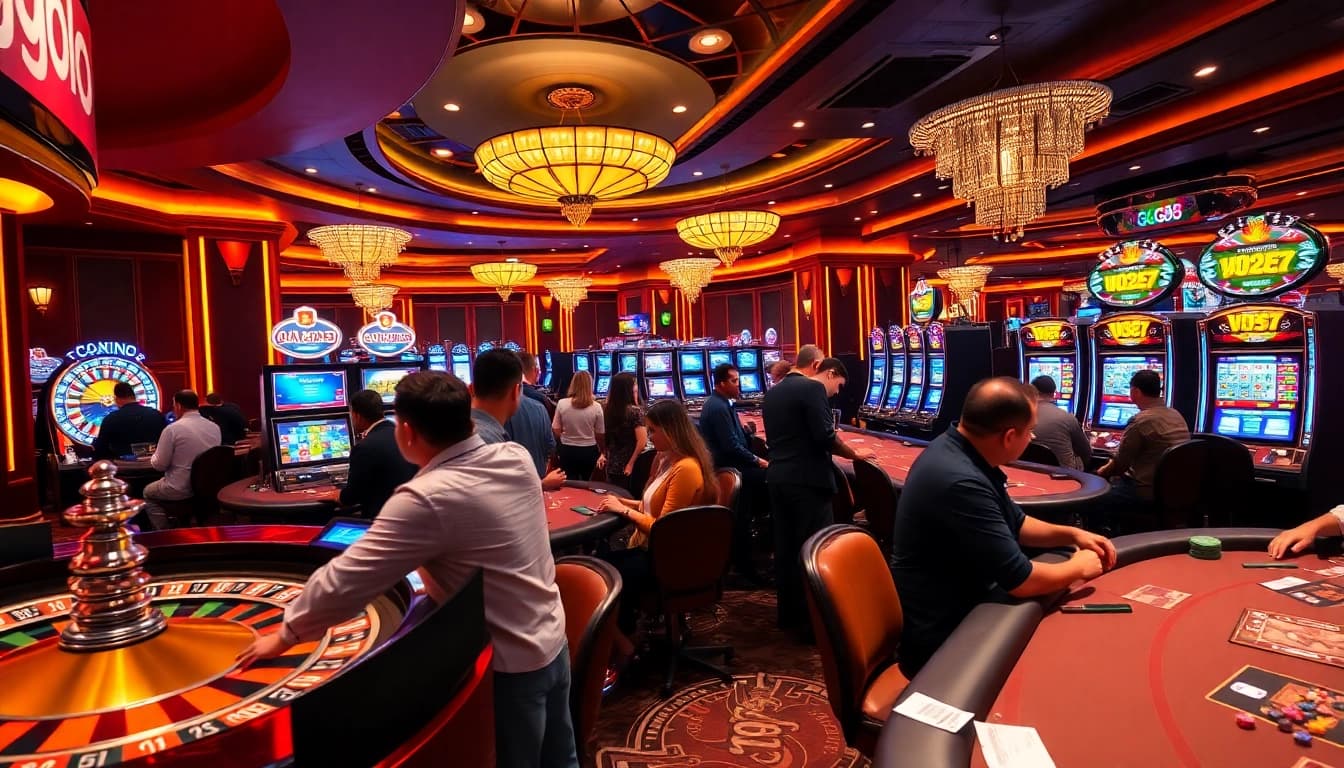 gg88 casino players enjoying games at a vibrant roulette and slot machine tables.