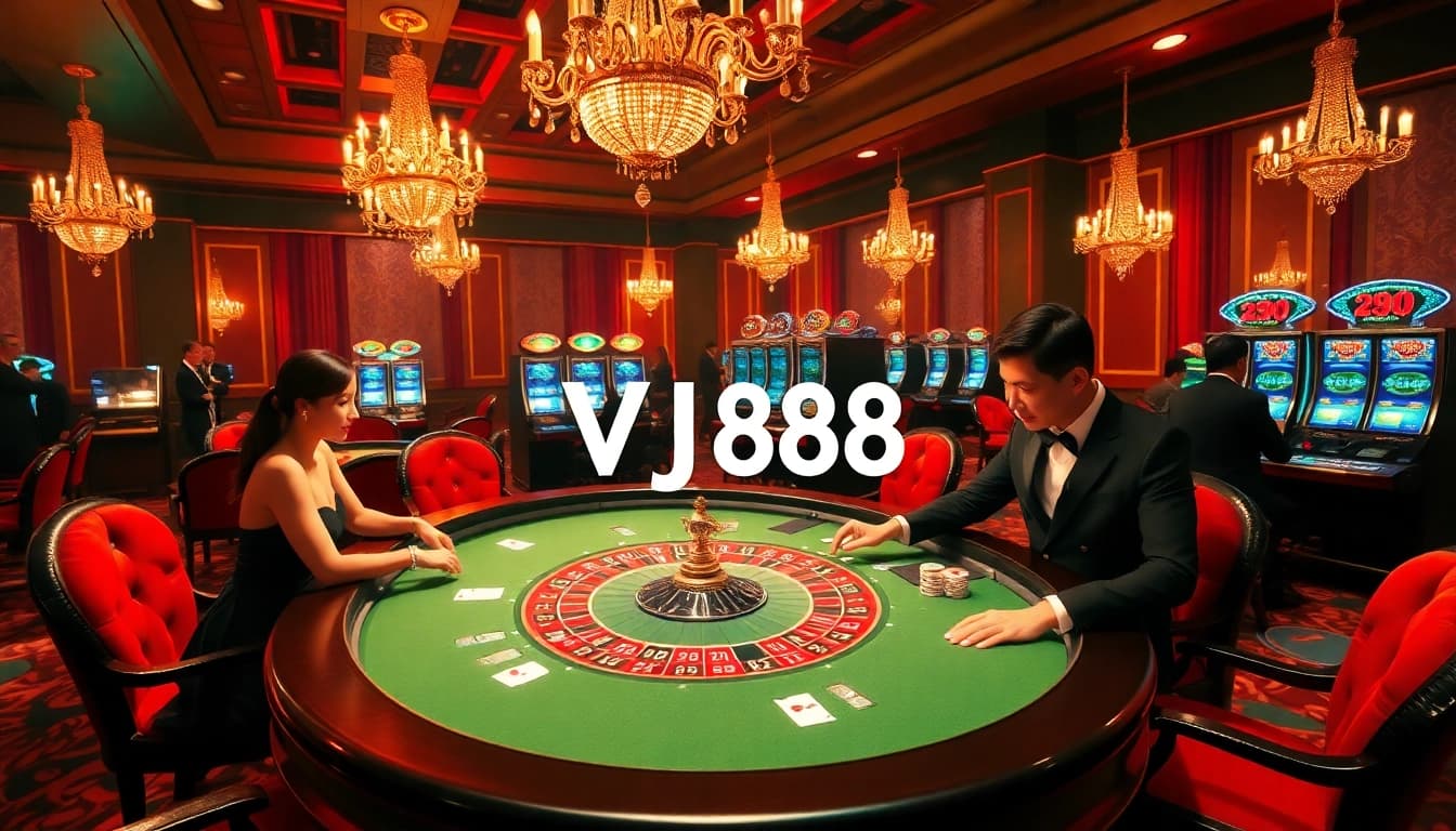 Experience the thrill of VJ88 as players engage around a luxurious roulette table in a grand casino.
